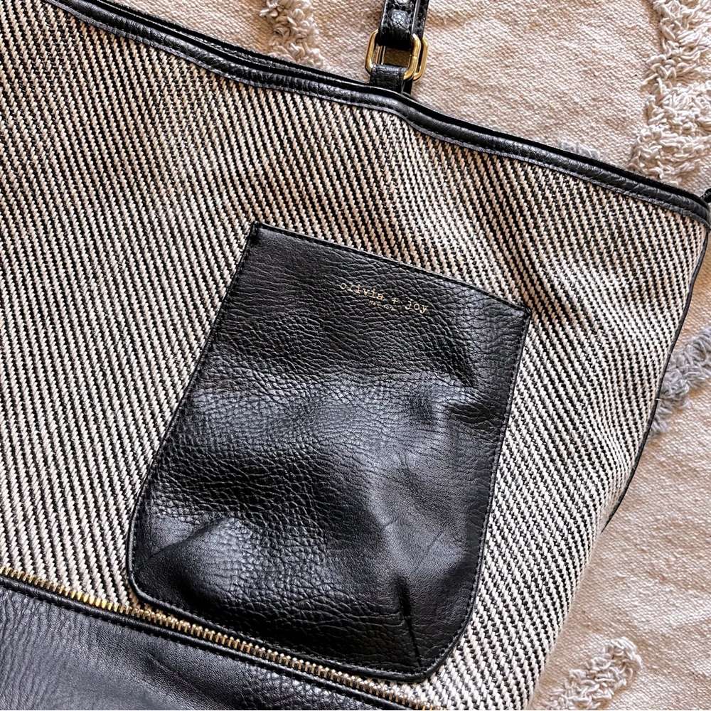 Olivia & Joy black gray linen blend tote handbag purse - Picture 2 of 11